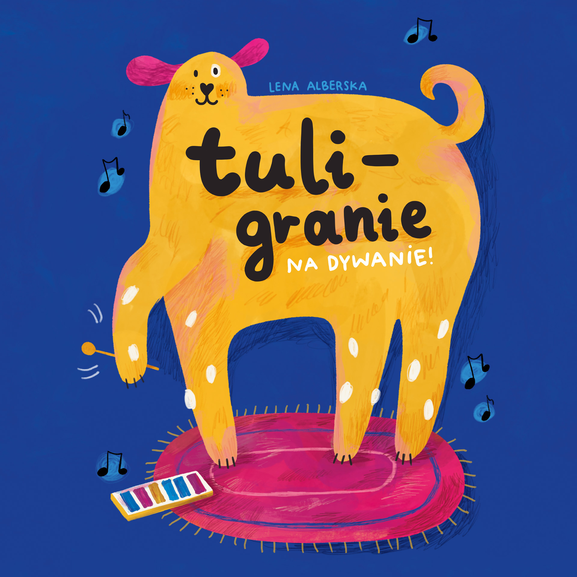 grafika przedstawiająca żółtego wielkiego psa na granatowym tle, stojącego na różowym dywanie i grającego na dzwonkach